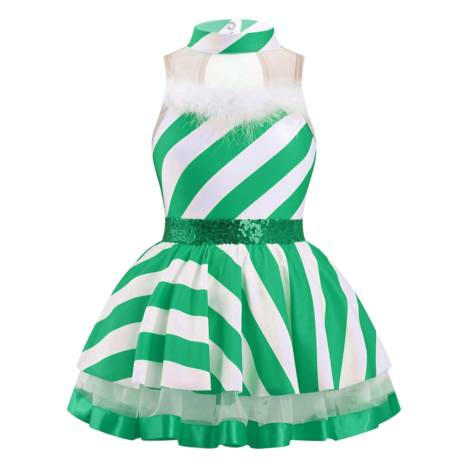 

Kids Girls Christmas Candy Cane Costume Xmas New Year Mrs Santa Elf Cosplay Sleeveless Striped Mesh Tutu Leotard Dance Dress