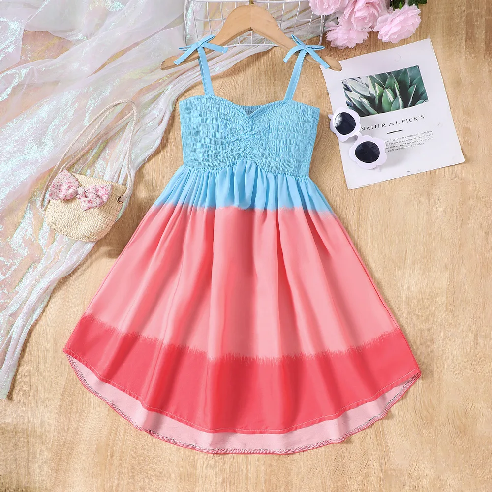 

2024 Summer New Arrival Girls Sleeveless Ruched Patchwork Blue Roupa Infantil Menina Cute Party Dress Custume 4-9T