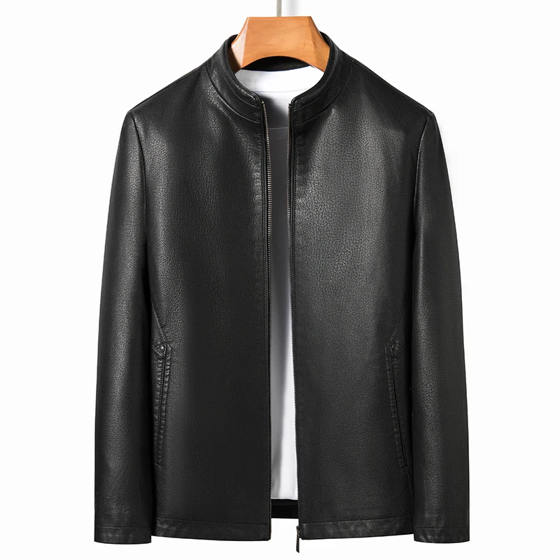 

2024 Autumn And Spring Men's Stand Collar Jacket Natural Leather Thin Section Plus Velvet Fashion Jacket Motorcycle Youth