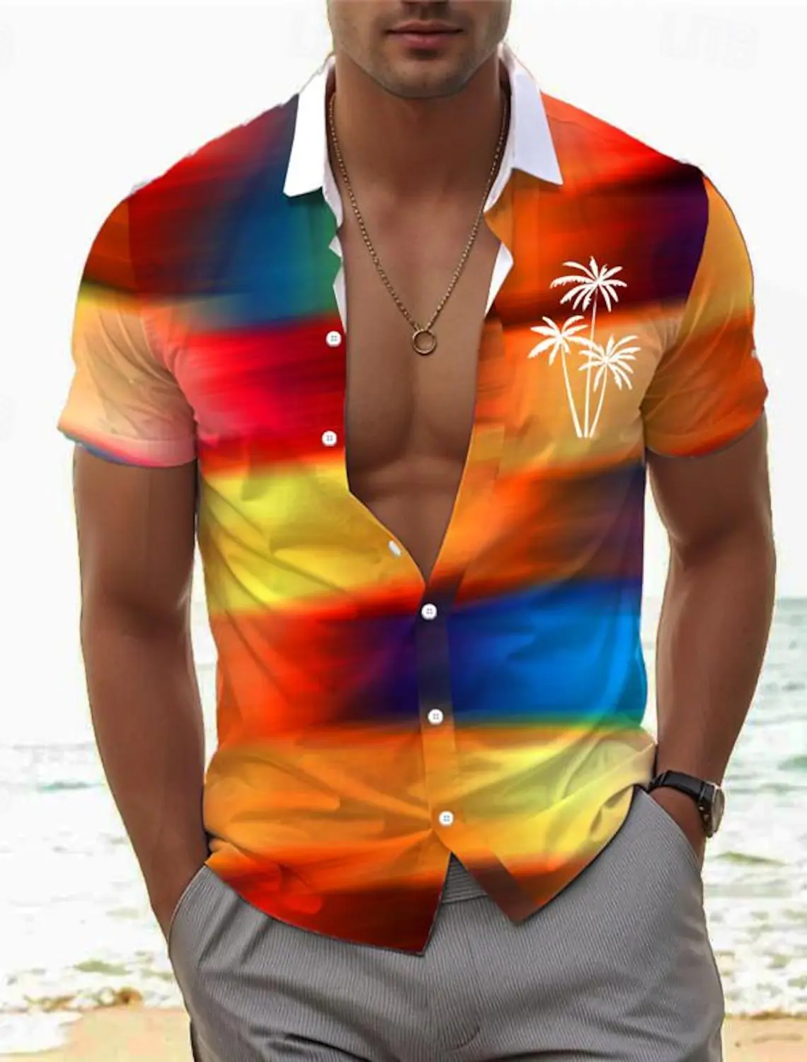 

Gradient Palm Tree Tropical Men's Resort Hawaiian 3D Printed Shirt Button Up Short Sleeve Summer Beach Shirt Vacation Daily Wear