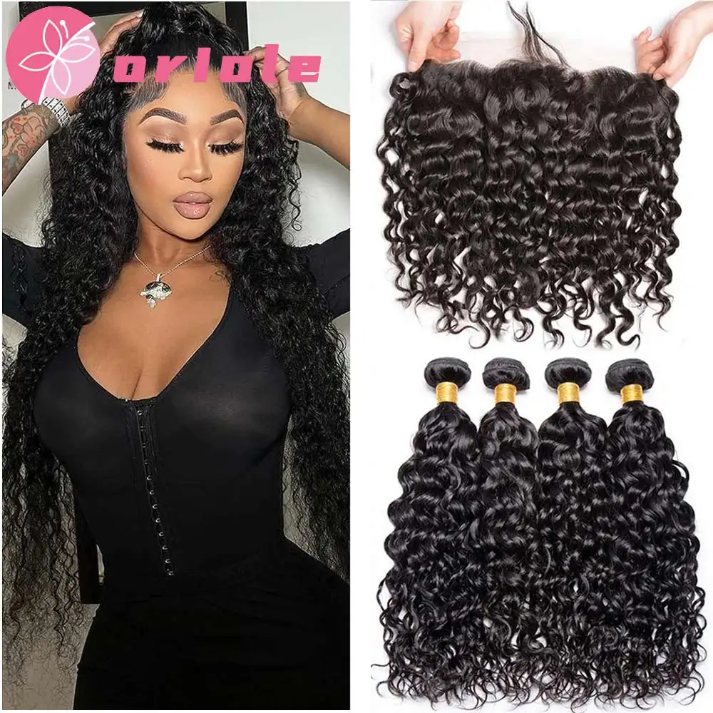 

Water Wave Bundles With Frontal Wet and Wavy Virgin Hair Curly Loose Deep 100% Human Hair Bundles 12A With 4X4 Lace Closure