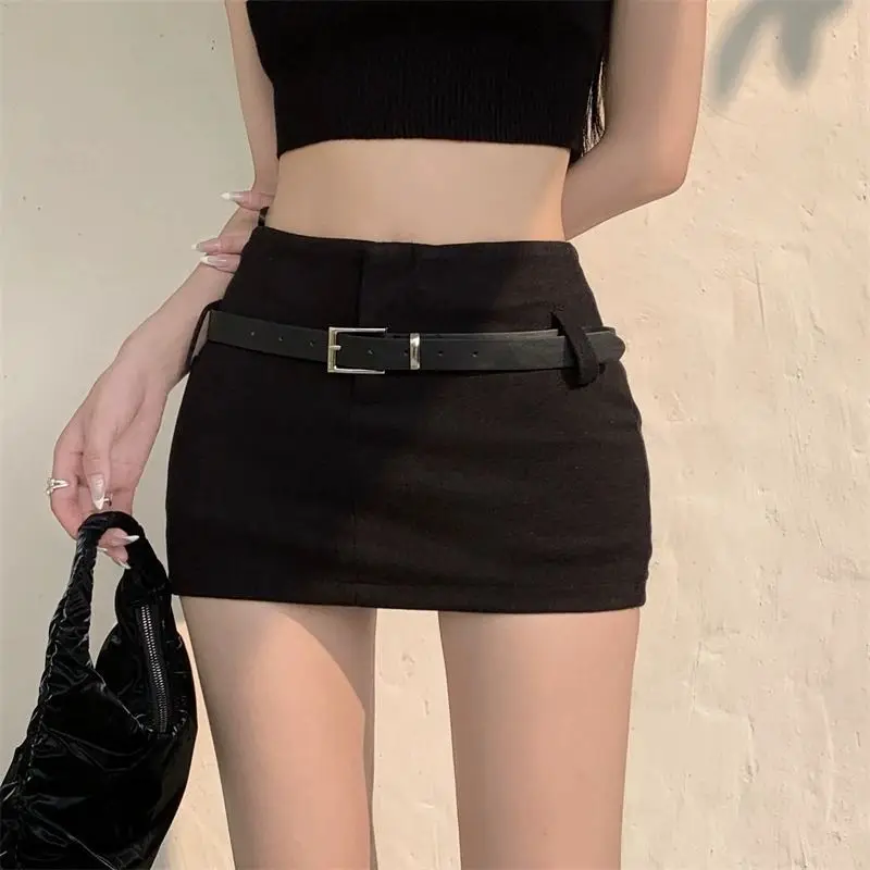 

STSVZORR With Belt Black Halfskin Dress Women's Summer New High Waist Slim Fit Style Y2K Wrapped Hip Mini Short Skirt