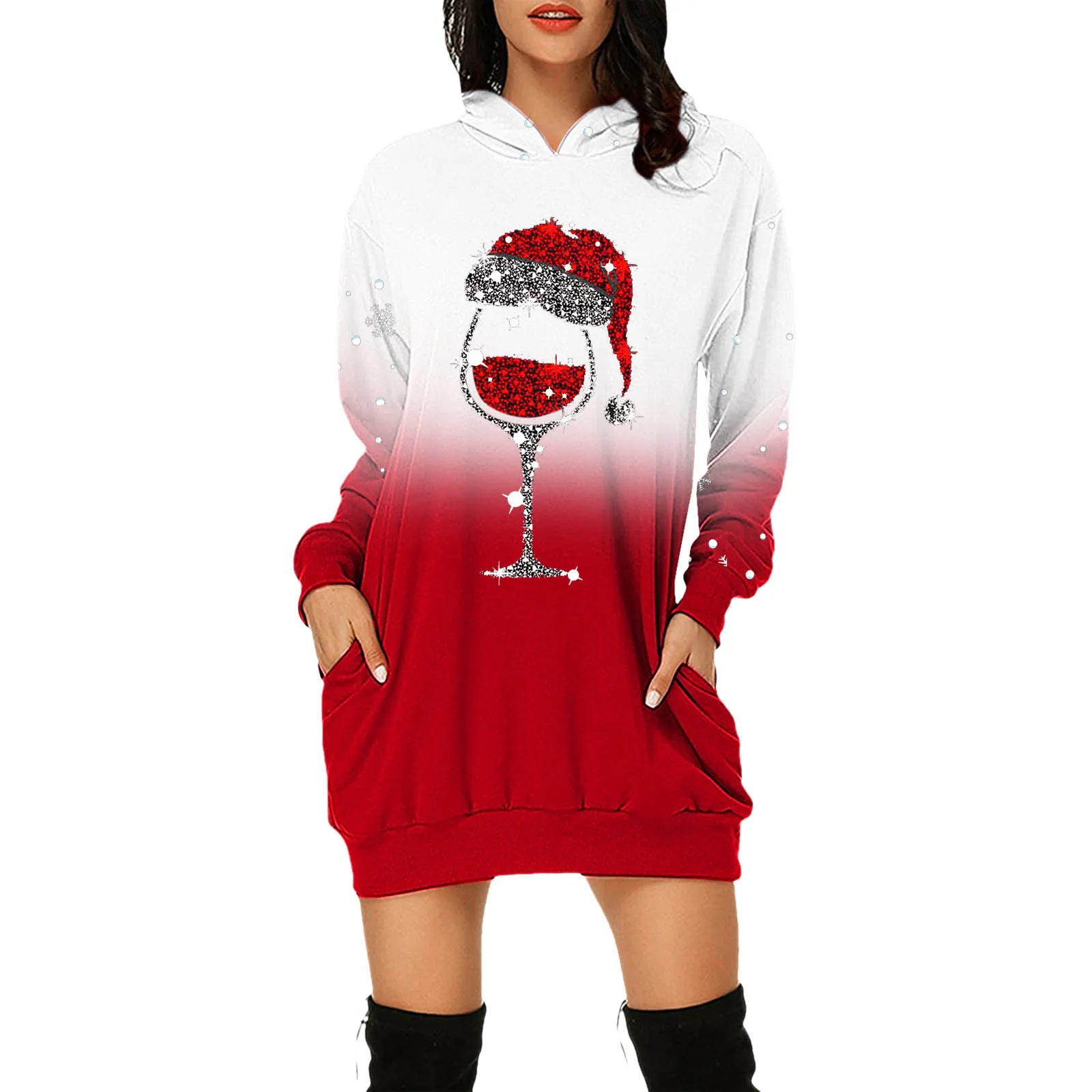 

Толстовка женская оверсайз с капюшоном, смешная Рождественская фуфайка с рисунком Санты, винных очков, одежда Y2K, худи с графическим принтом