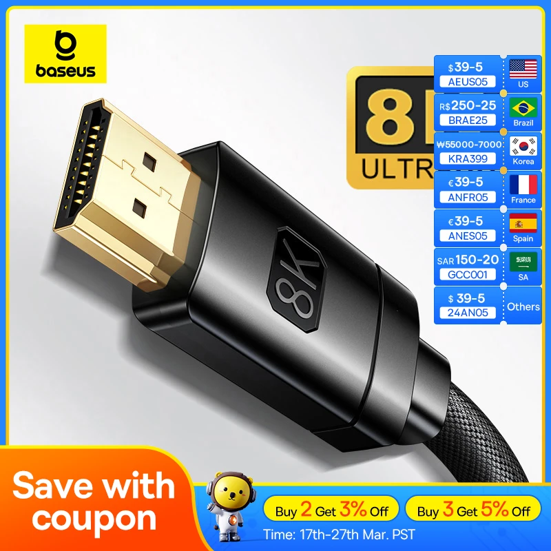 Baseus 8K HDMI-compatible Cable for Xiaomi Mi Box 8K/60Hz 4K/120HZ 48Gbps Digital Cable for PS5 PS4 Laptop TV Monitor Projectors
Baseus 8K HDMI-compatible Cable for Xiaomi Mi Box 8K/60Hz 4K/120HZ 48Gbps Digital Cable for PS5 PS4 Laptop TV Monitor Projectors