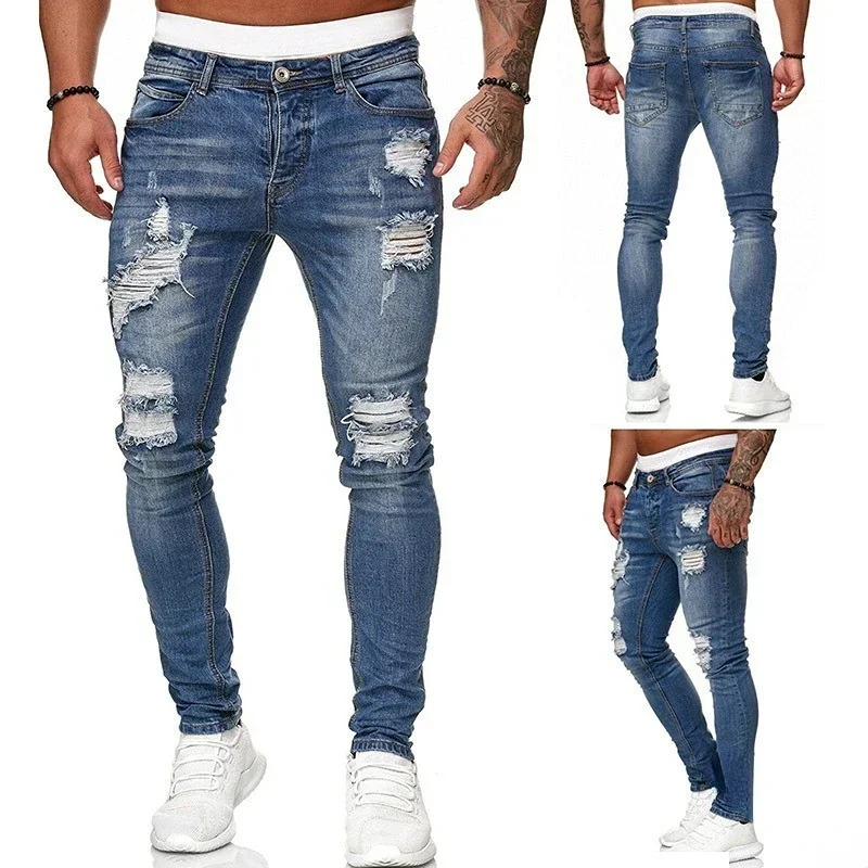 

Men Stretchy Ripped Skinny Biker Embroidery Cartoon Print Jeans Destroyed Hole Slim Fit Denim High Quality Hip Hop Black Jeans
