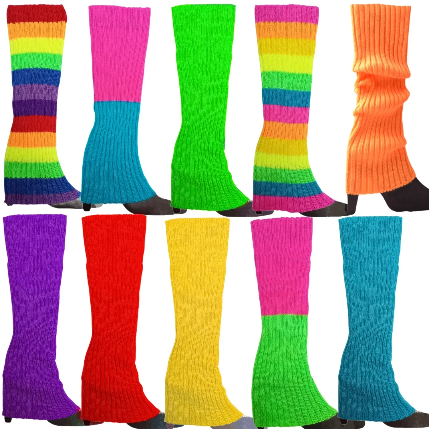 

2024 Women Halloween 80s Neon Colored Knit Leg Warmers Ribbed Bright Footless Sock Punk Black Knee High Gothic Hip-hop Rock Sock