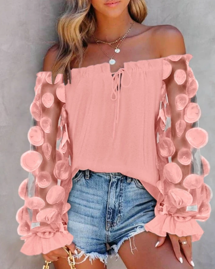 

Blouses Shirt T-Shirt Pullover Tops 2024 for Women Spring Summer Off The Shoulder Floral Pattern Sheer Mesh Patch Frill Hem Top