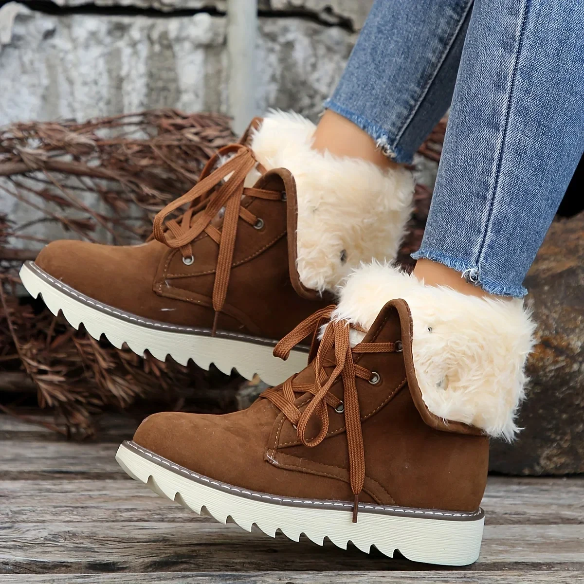 

Women Solid Color Fluffy Boots Lace Up Soft Sole Platform Warm Lined Boots Fold Over Non-slip Snow Boots Comfortable Ankle Boots
