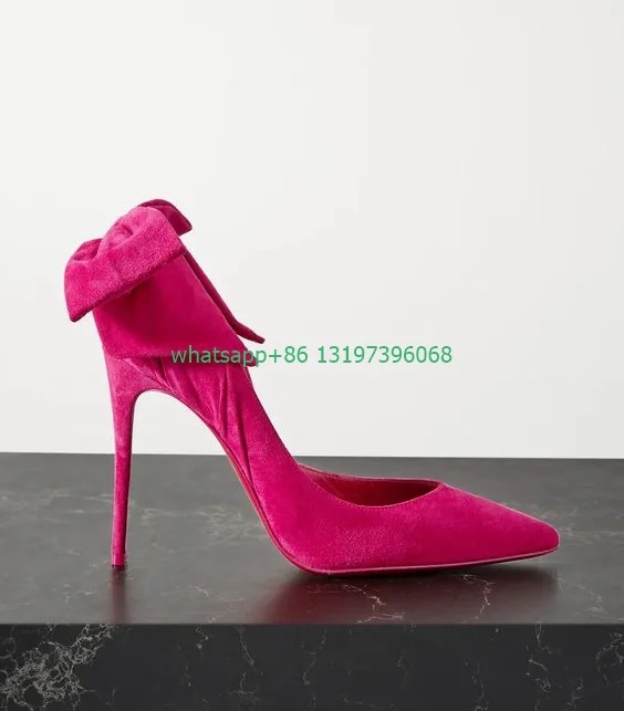 

Lady fuchsia bow-embellished suede pumps stiletto heel dress office lady high heels footwear size 46 pointed toe causal shoes