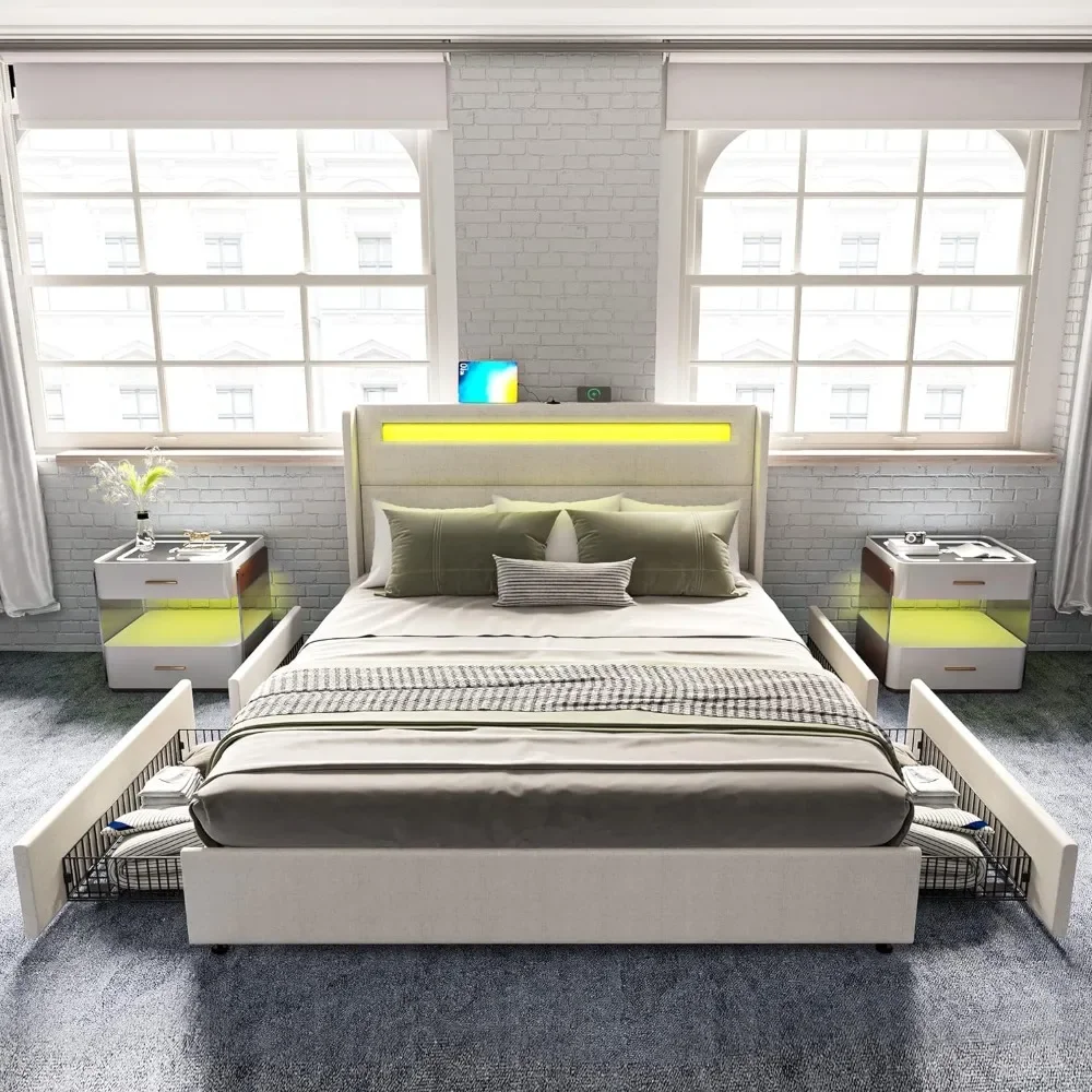 Queen Size Bed Frame With RGBW LED Lights Headboard & 4 Storage Drawers, Upholstered Smart Platform Bed With USB & USB-C Ports
Queen Size Bed Frame With RGBW LED Lights Headboard & 4 Storage Drawers, Upholstered Smart Platform Bed With USB & USB-C Ports