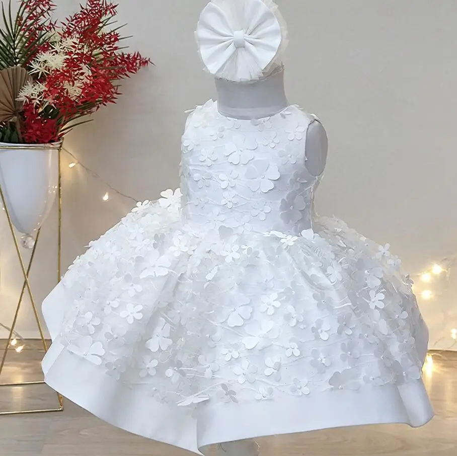 

White Puffy Flower Girl Dress O Neck Appliques Floral Lace Tutu Cupcake Outfit Baby Girl First Birthday Dress 12M 24M