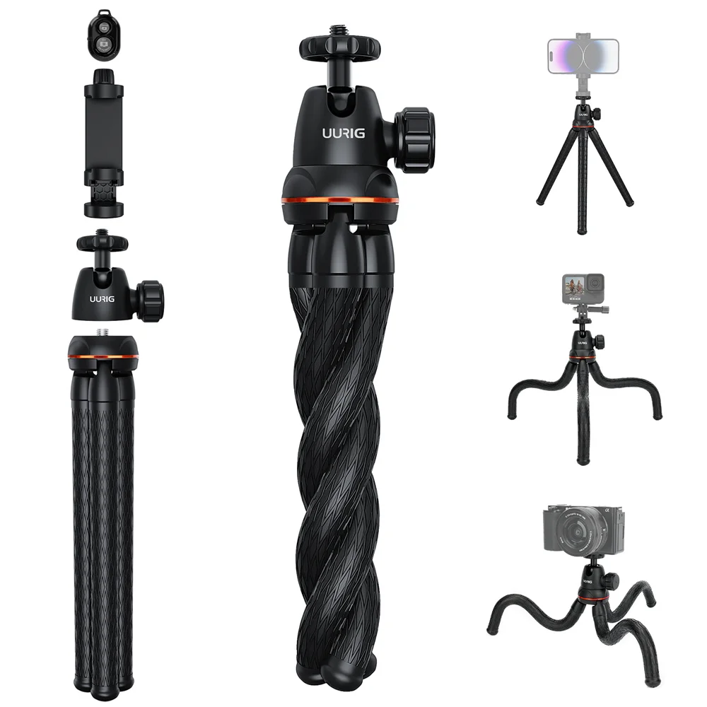 

UURIG Octopus Flexible Tripod For Phone SLR DSLR Gopro Camera Phone Tripod Extend 1/4'' Screw With Ballhead ColdShoe Phone Clip