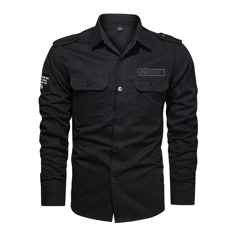 

2023 Cargo Blouse 95% Cotton Men Solid Long Sleeve Casual Shirts High Quality Militar Overshirt Men Clothing Black Blouses 6XL