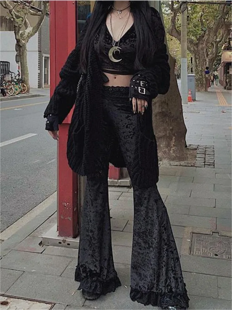 

HOUZHOU Vintage Gothic Black Lace Pants Woman Goth Harajuku Coquette Aesthetic Streetwear Gyaru Korean Fashion Y2k Trousers