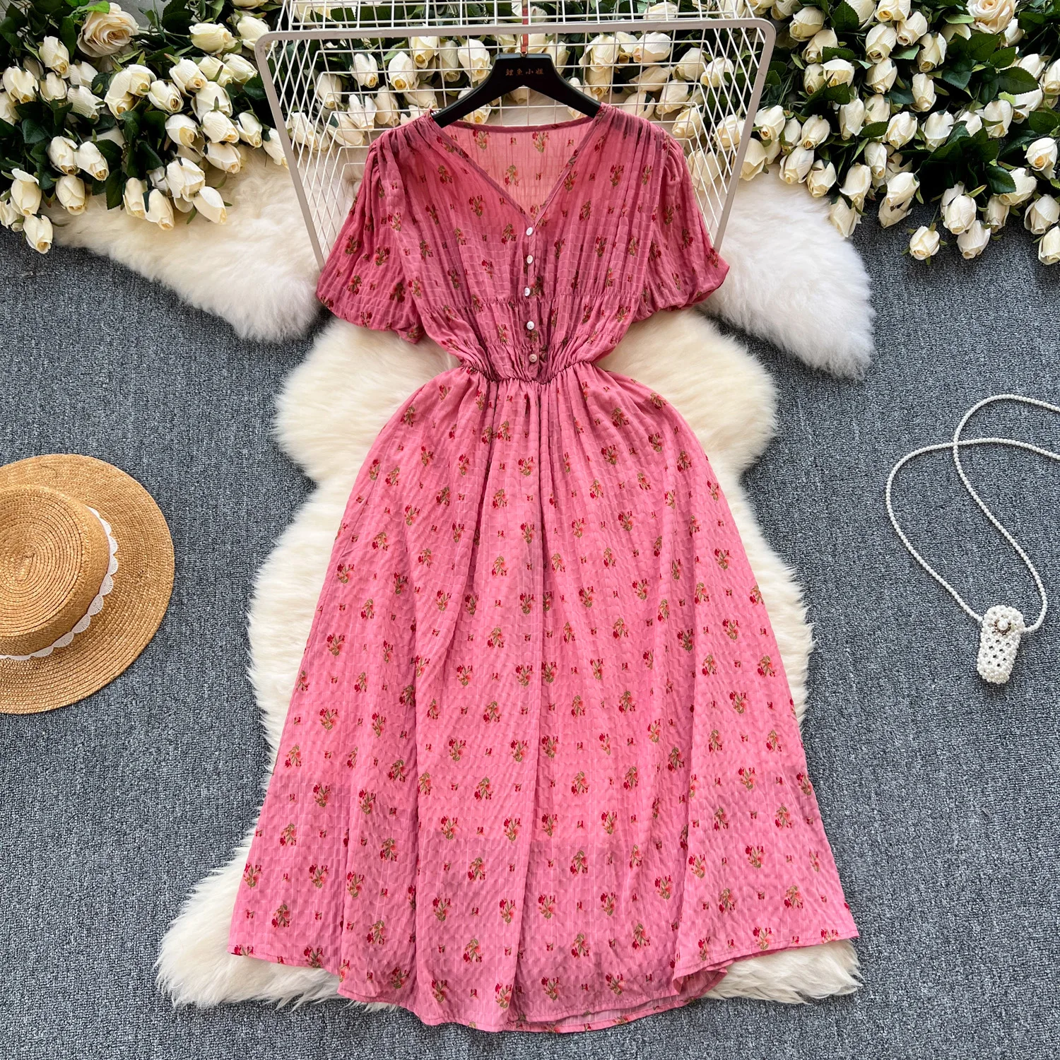 

Женское винтажное платье для отпуска, элегантное платье во французском стиле с коротким рукавом-фонариком, V-образным вырезом и принтом, весна-лето