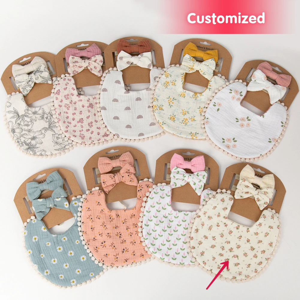 

Baby Personalized Name Cotton Gause Bibs Froral Color Headbands Customized Bib Newborn Burp Cloths Bandana Scarf Girls Feeding