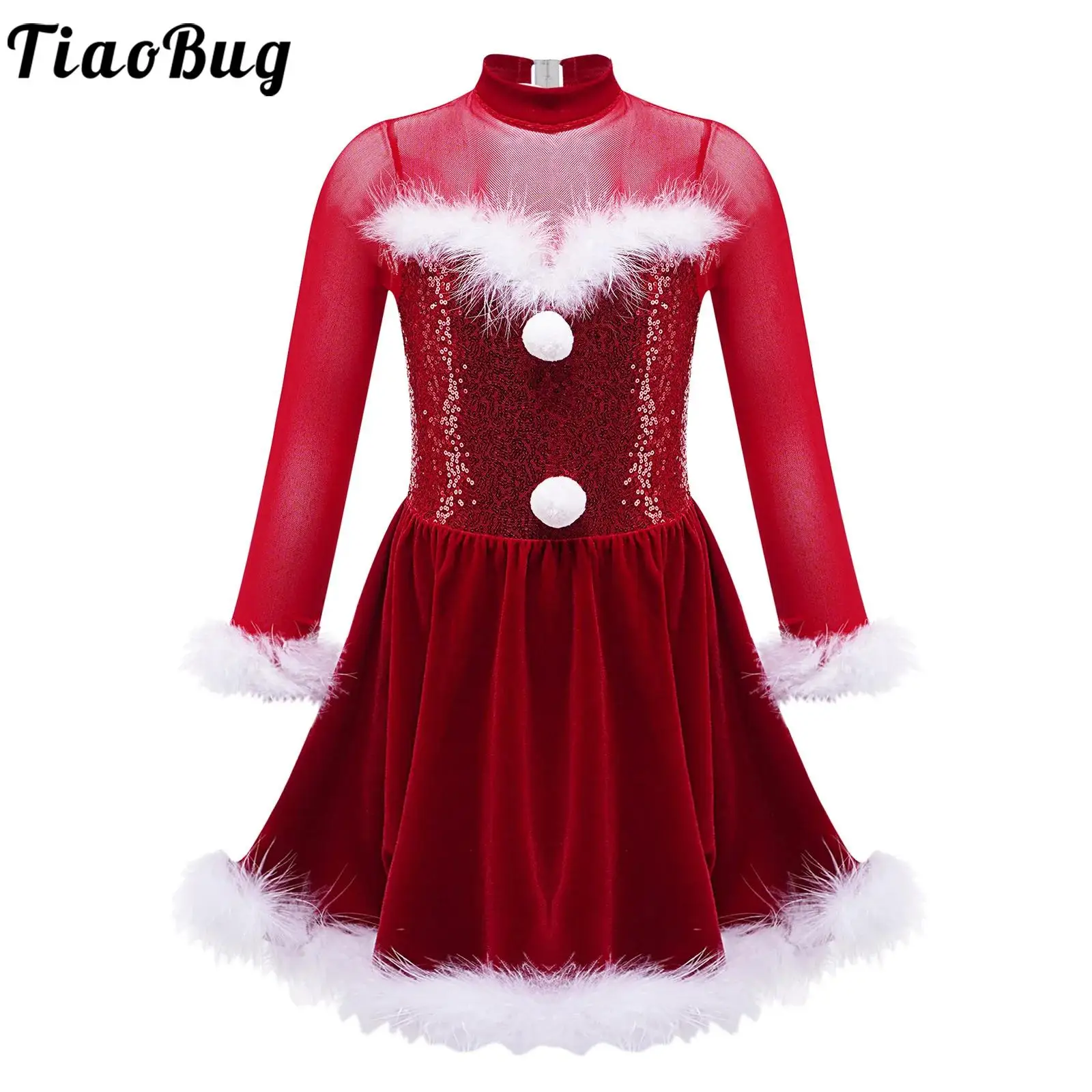 

Kids Girls Christmas Mrs Santa Claus Costume Shiny Sequins Figure Skating Dance Tutu Dress Leotard Xmas New Year Party Dancewear