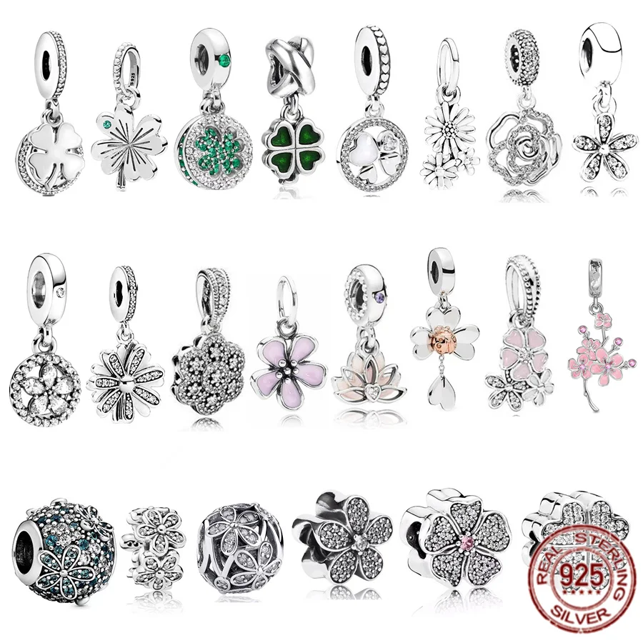 

Sparkling 925 Sterling Silver Lucky Four-Leaf Clover & Red Poppy Flower Dangle Charm Bead Fit Original Pandora Bracelet Jewelry