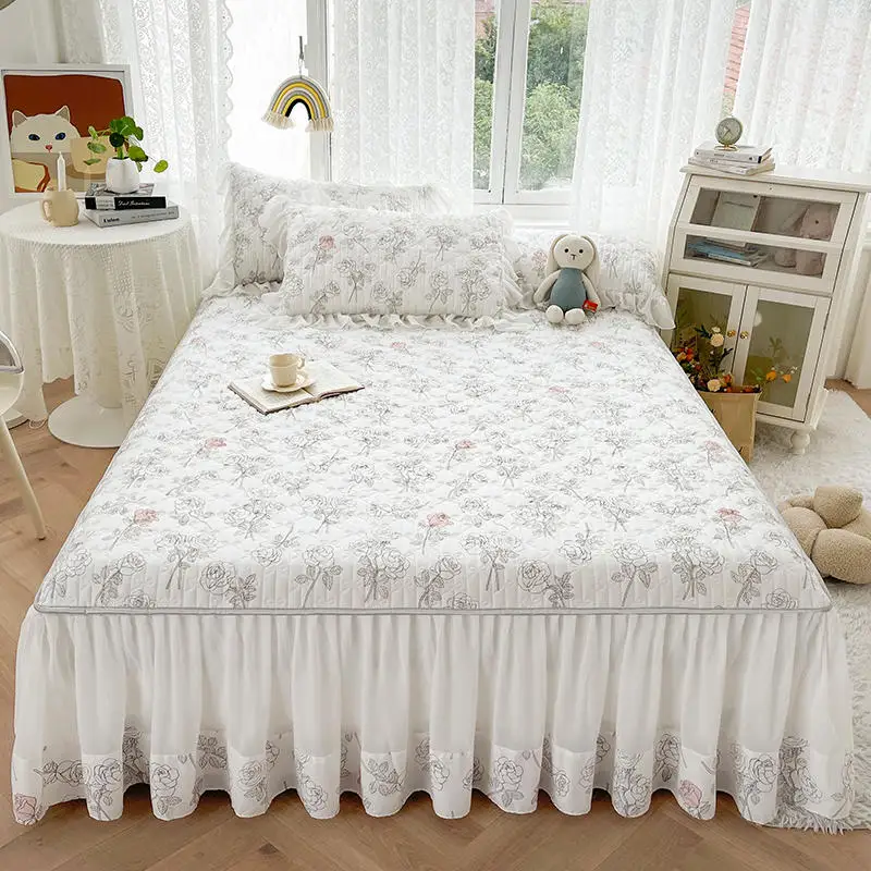 

Rose Print Bedding Bed Skirt Pillowcases With Cotton Lace Princess Thicken Warm Quilted Bedspread Mattress Cover Home Textile