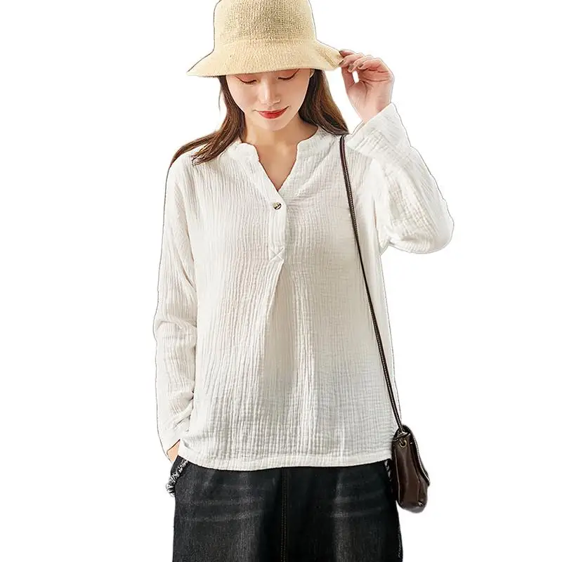 

Brand Cotton Linen Vinatge Tops Women' Summer Casual Loose Blouse Female Solid Blusas Elegant Long Sleeve Shirt Fall Clothing
