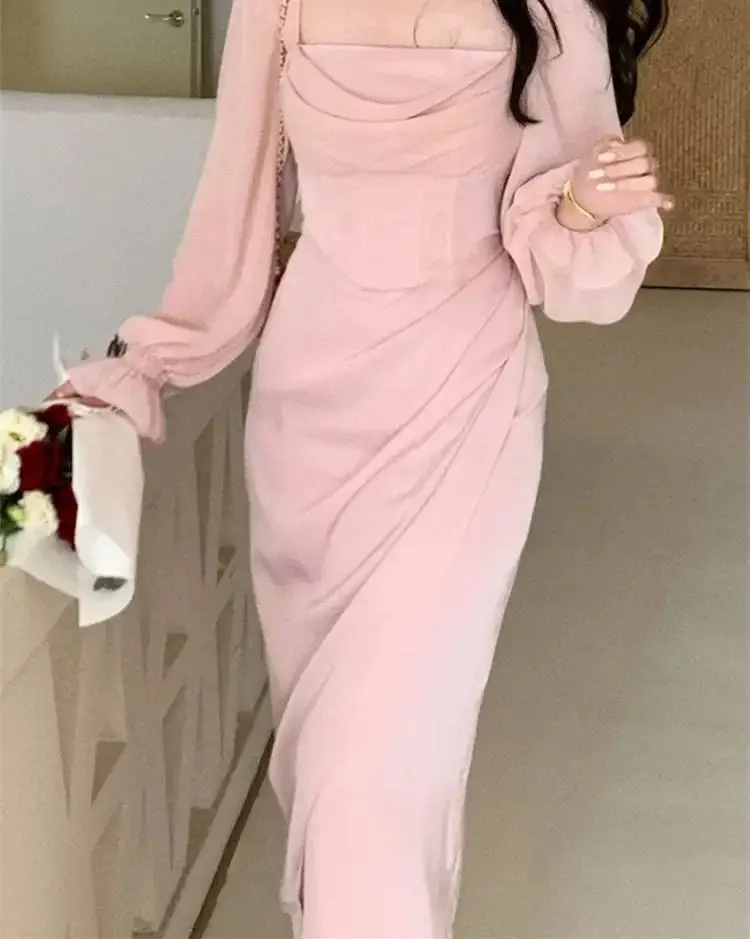 

Pink Midi Dress for Women 2024 Fairycore Square Collar Flare Sleeve Dresses Chic Elegant Slim Splicing Vintage Dress