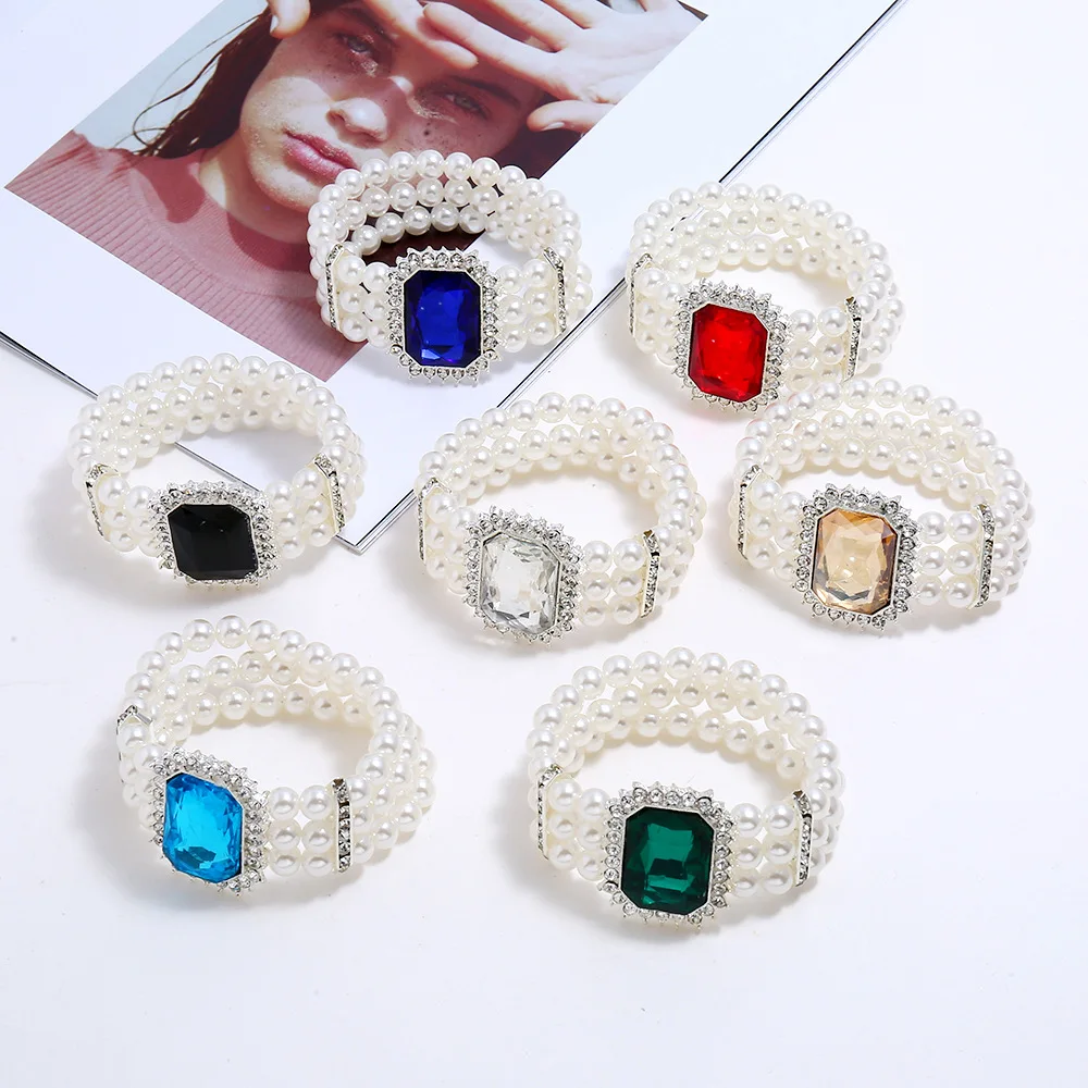 

New Luxury Rhinestone Sapphire Pearl Elastic Bracelet for Women Jewelry Gifts for Mother Berg Crystal Bangle Wholesale