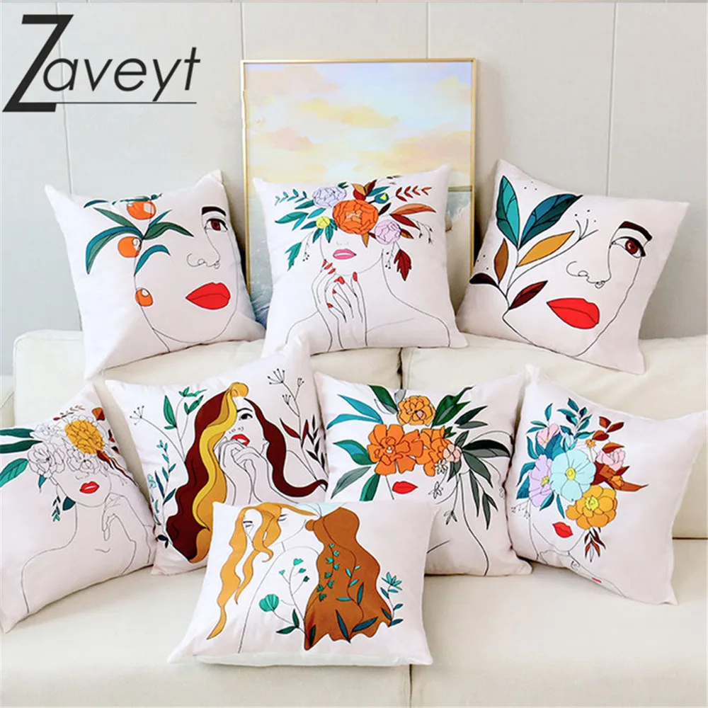 

16"18"20"24"inch Abstract Line Art Women Faces Throw Pillow Case Soft Short Plush Cushion Covers Hand Drawn Flower Pillow Cover