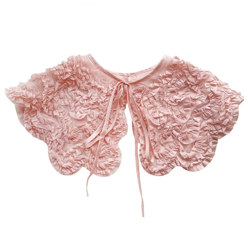 

Women Elegant Lace Up Bowknot Pink Detachable Fake Collar Summer 3D Ruffled Ruched Jacquard Mini Shawl Scarf Capelet