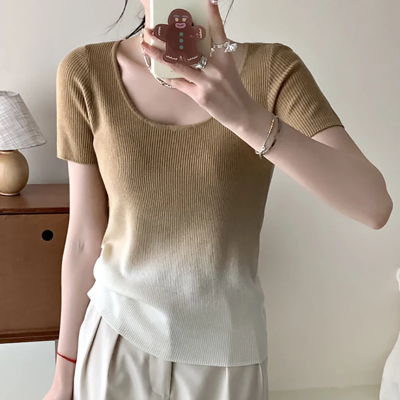 Gradient Knitted T Shirt Women Summer Top Mujer Short Sleeve Tee Shirt Femme Korean Fashion Womens Clothing T-Shirts Camisetas
Gradient Knitted T Shirt Women Summer Top Mujer Short Sleeve Tee Shirt Femme Korean Fashion Womens Clothing T-Shirts Camisetas