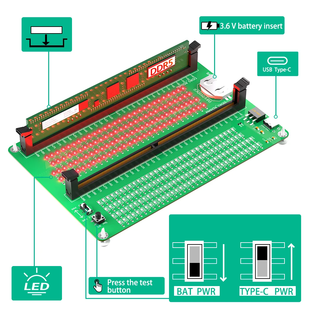Тестер памяти DDR5 RDIMM/UDIMM, Тестовая карта памяти DDR5 для настольного компьютера со стандартной памятью DDR5 RDIMM/UDIMM для настольного компьютера
Тестер памяти DDR5 RDIMM/UDIMM, Тестовая карта памяти DDR5 для настольного компьютера со стандартной памятью DDR5 RDIMM/UDIMM для настольного компьютера