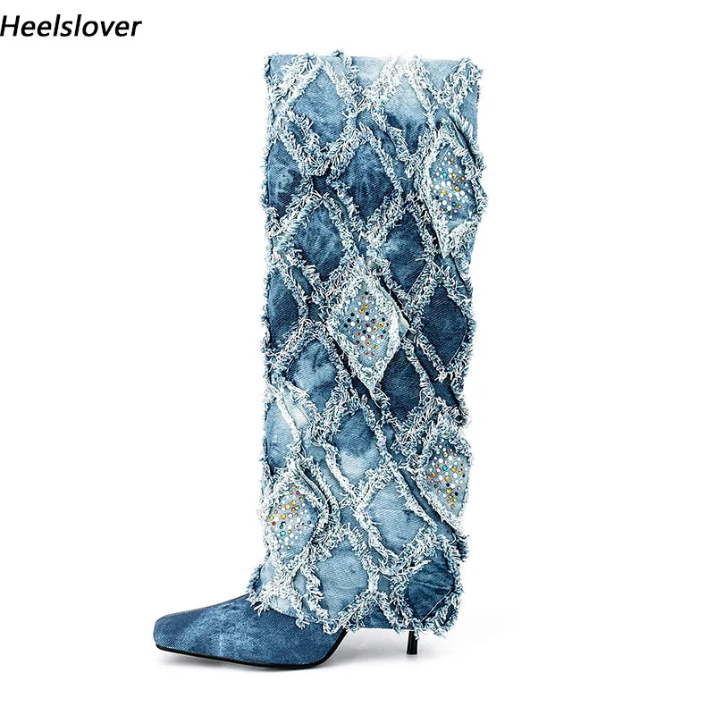 Ahhlsion Handmade Women Winter Knee Boots Denim Stiletto Heels Square Toe Elegant Blue Catwalk Shoes Ladies US Size 5-13
Ahhlsion Handmade Women Winter Knee Boots Denim Stiletto Heels Square Toe Elegant Blue Catwalk Shoes Ladies US Size 5-13
