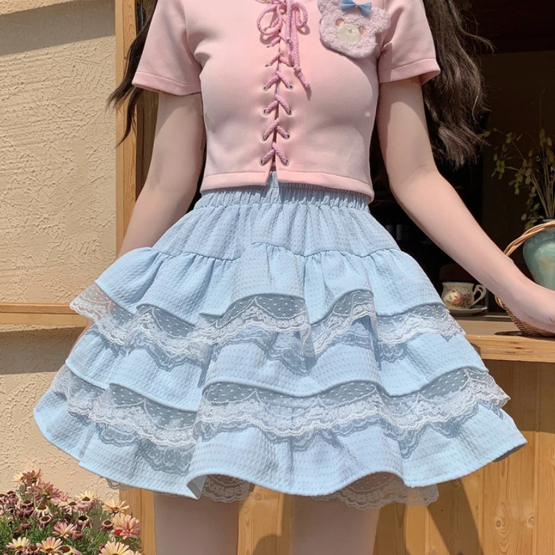 

DEEPTOWN Kawaii Lolita Skirt Women Cutecore High Waist A-line Lace Patchwork Cute Layered Ruffles Mini Skirt Summer Soft Girl