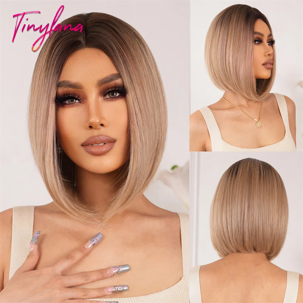 

Short Straight Blunt Bob Synthetic Wig Ash Brown Blonde Hairline Lace Wig for Women Middle Part Party Daily Heat Resistant Hair