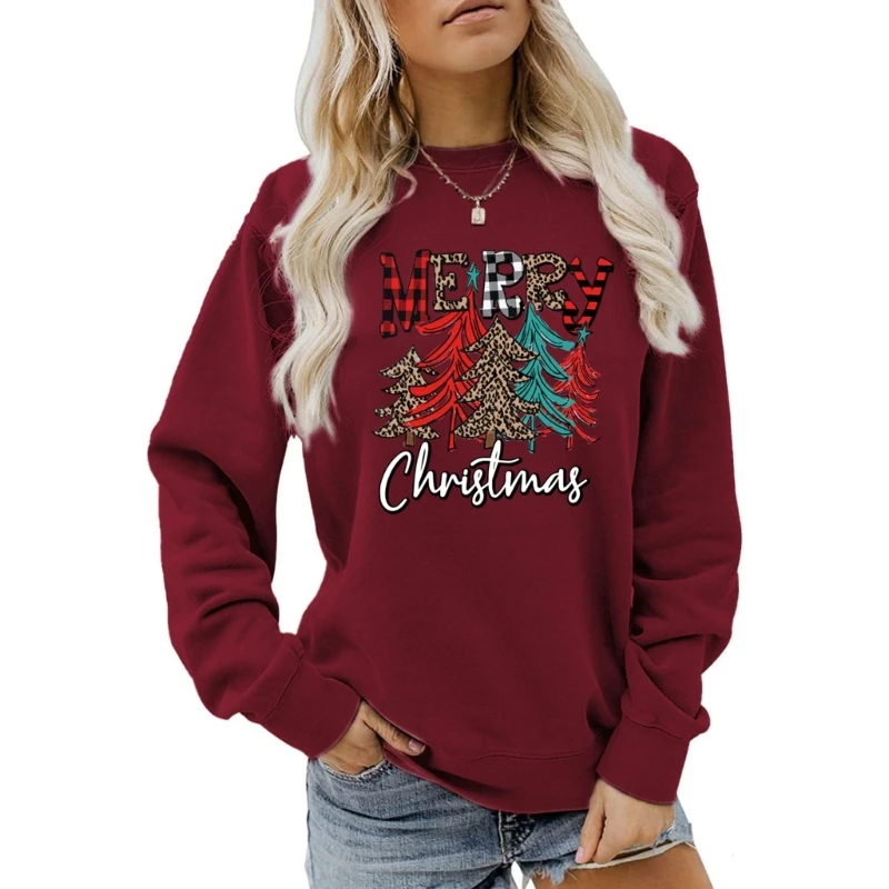 

Women Merry Christmas Funny Sweatshirt Long Sleeve Leopard Tree Graphic Crewneck Casual Pullover Top Holiday Shirts