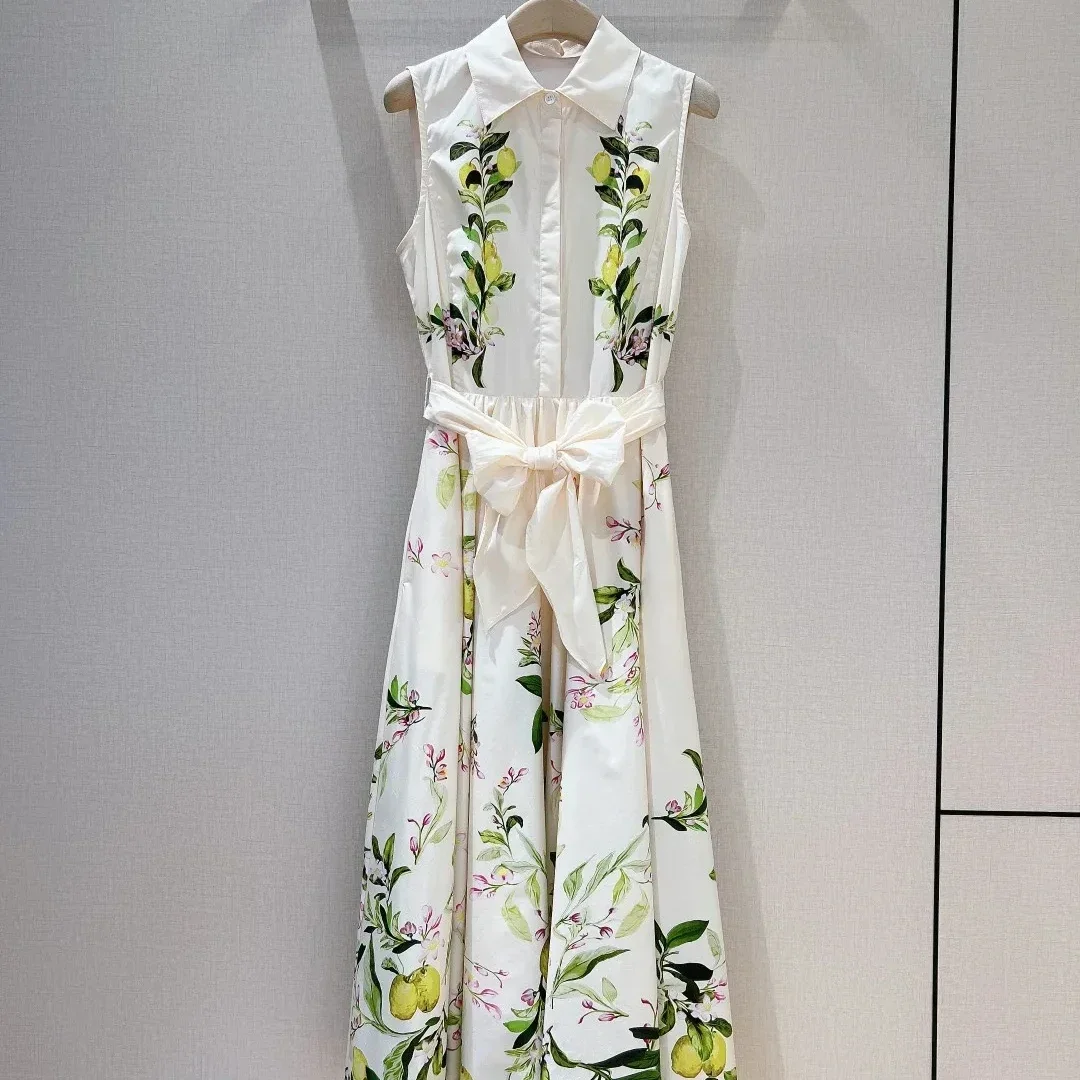 New 2024 Summer High Quality Cotton Sleeveless Self Bow Tie White Lemon Floral Position Print Vest Midi Dress for Women
New 2024 Summer High Quality Cotton Sleeveless Self Bow Tie White Lemon Floral Position Print Vest Midi Dress for Women