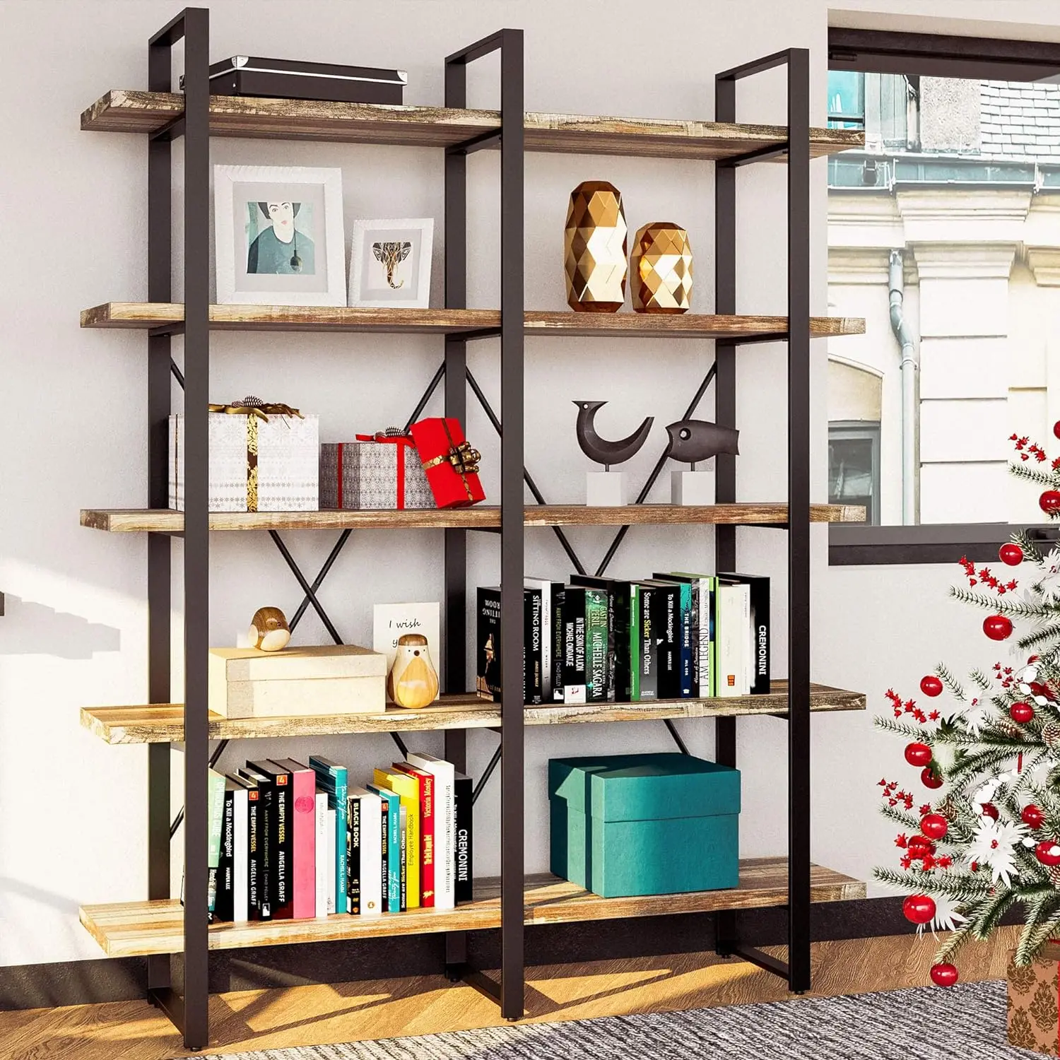

IRONCK Bookshelf, Double Wide 5-Tier Open Bookcase Vintage Industrial Large Shelves, Wood and Metal Etagere Bookshelves,