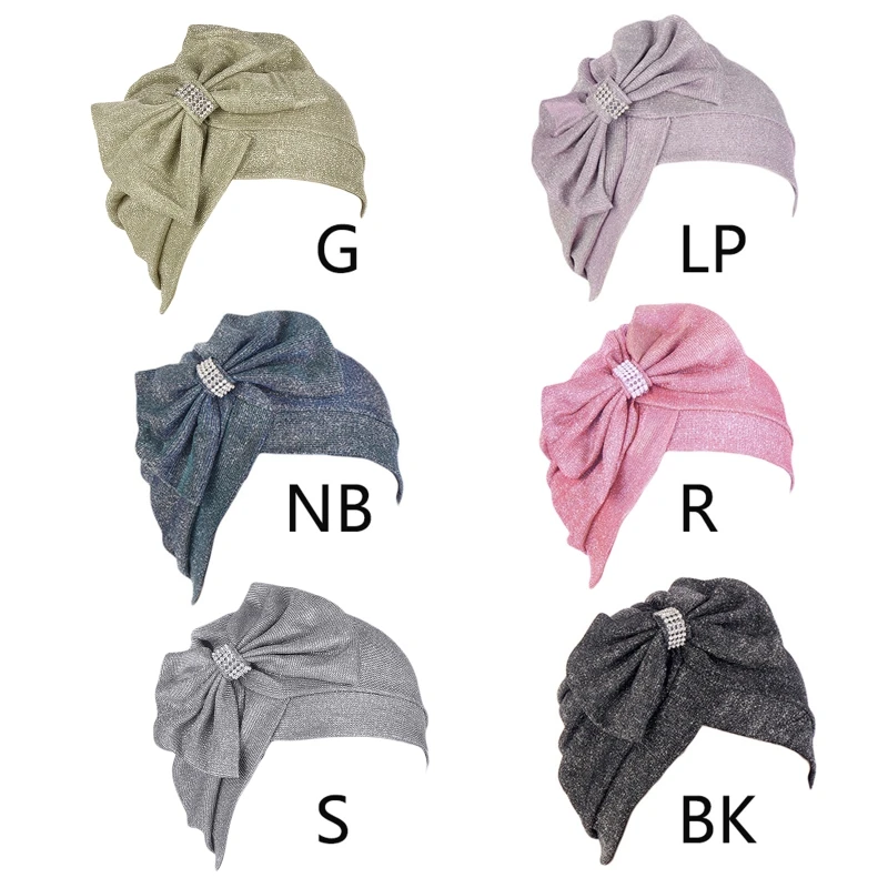 

Women Turban Vintage Beanie Headscarf with for Rhinestone Bow Twist Pleated Pre-Tied Chemo Hair Loss Headwear Hijab