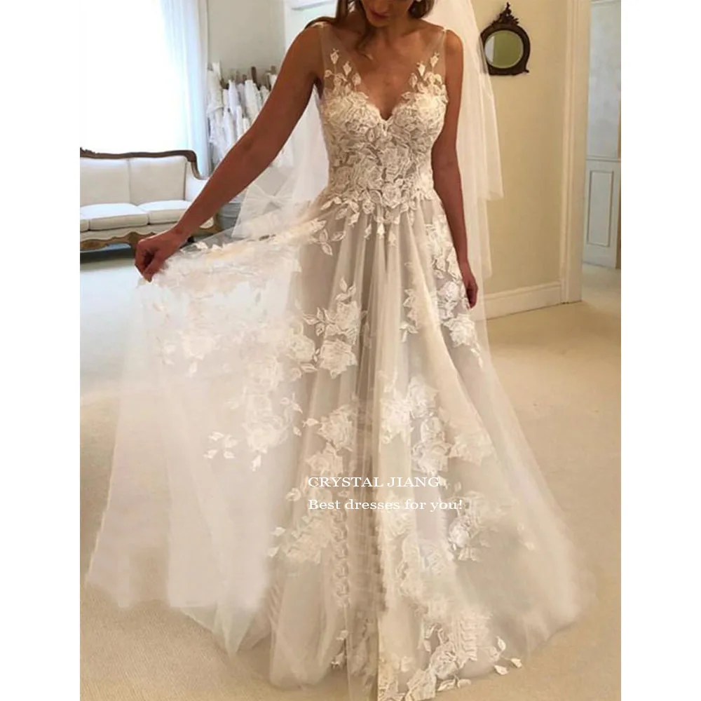 

Sexy V Neck Lace Applique Wedding Dresses Custom Made robe de mariée Sweep Train A Line Bridal Gowns