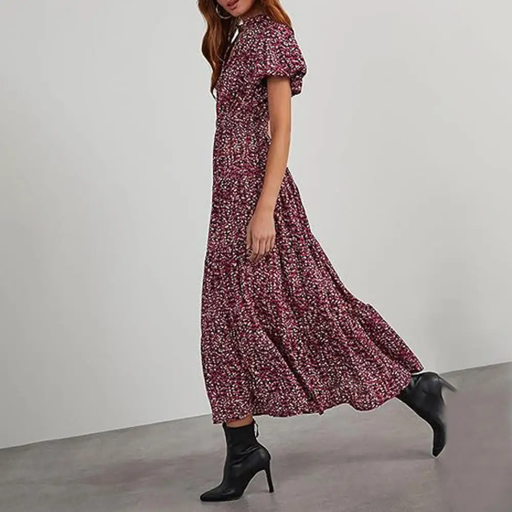 

V-neck Long Dress Floral Print V Neck Midi Dress for Women A-line Swing Style with Bubble Sleeves High Waist for Summer Vacation