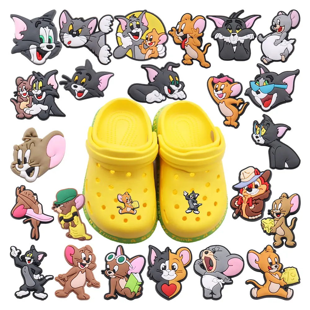 

Hot Sales 1-23Pcs Adorable Cartoon Tom And Jerry Garden Shoe Charms Cat Mouse Button Decorations DIY Kids Croc Jibz