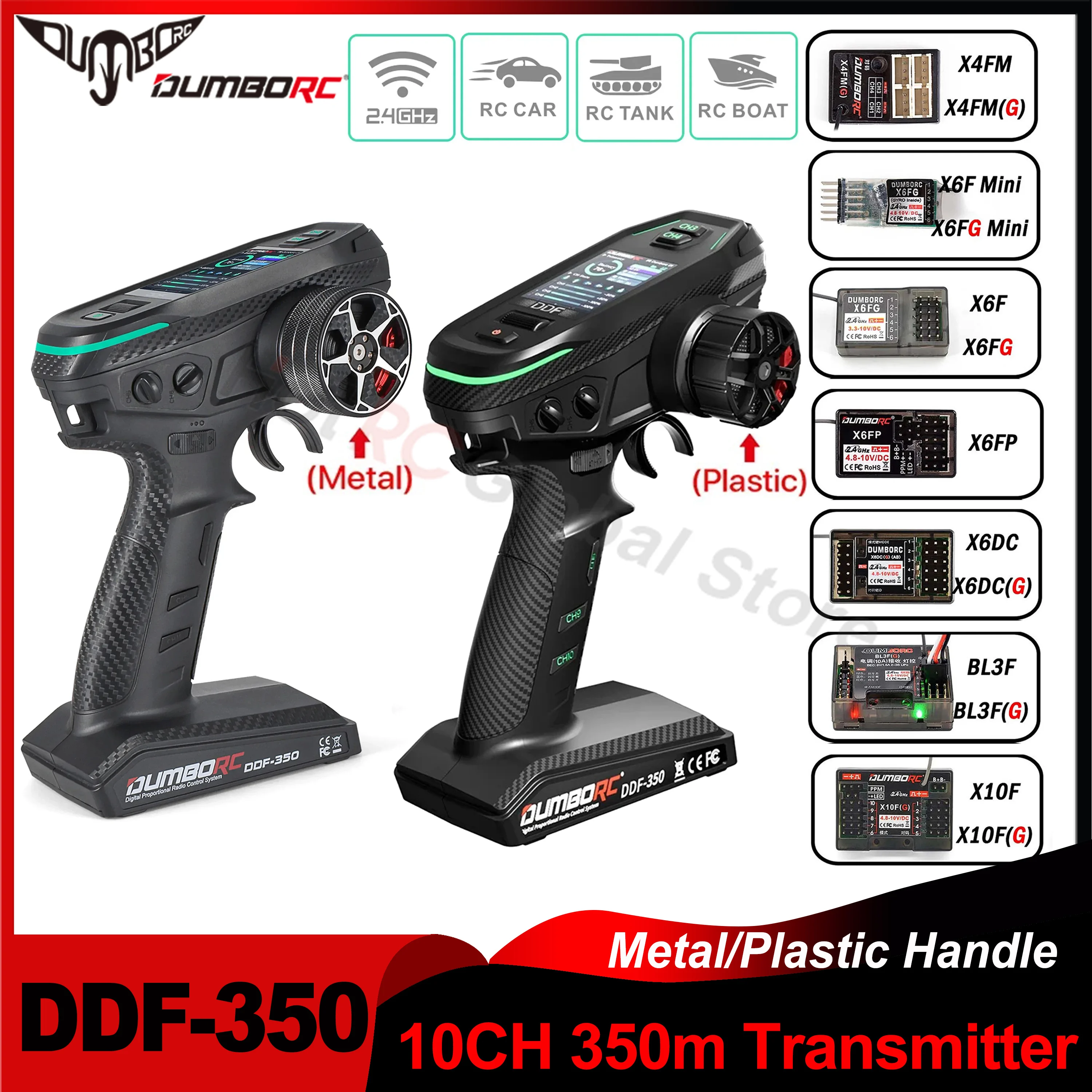 

DUMBORC DDF-350 10CH 2.4G Remote Controller 10 Channel Transmitter&Receiver HD Screen 4/6/10Channel Gyro for RC Car Tank Boat