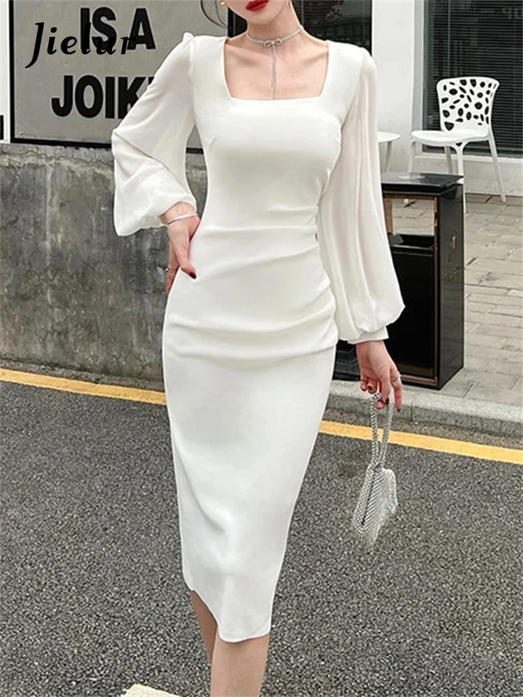 

Jielur Women Spring Square Collar Sexy Party White Dress Split Lantern Sleeve OL Sheath Female Bodycon Vestidos Slim Fit Dresses