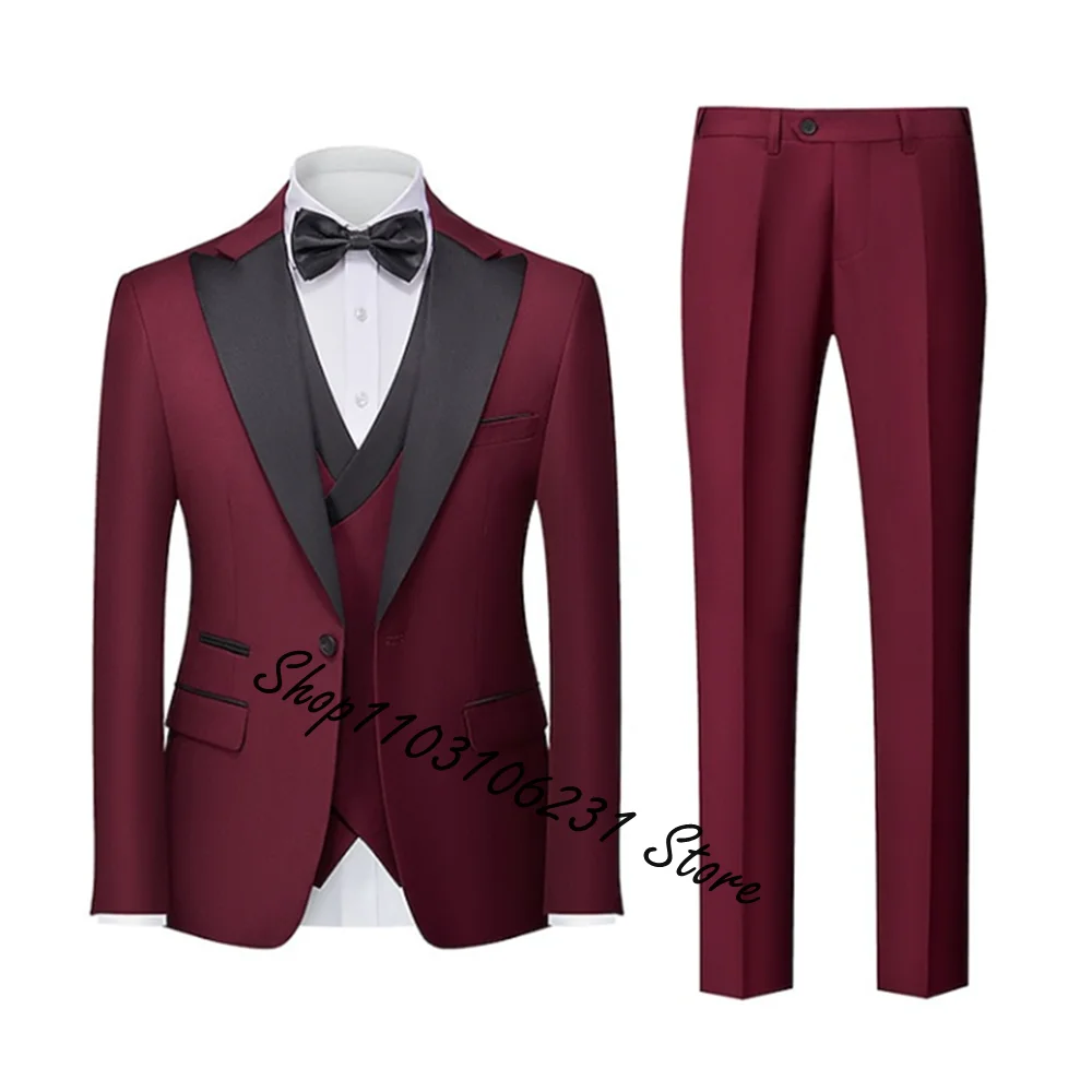 

New 3 Piece Burgundy Men's Suit Formal Peak Lapel Slim Fit Groom Tuxedo Best Men Suit For Wedding Jacket+Vest+Pant Costume Homme