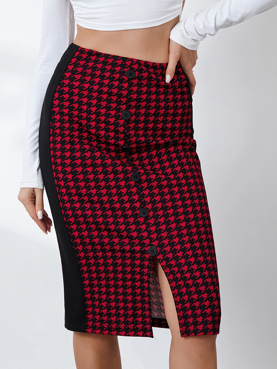 

Women s Elegant Midi Skirt Houndstooth Print High Waist Slit Hem Pencil Skirt for Work Party