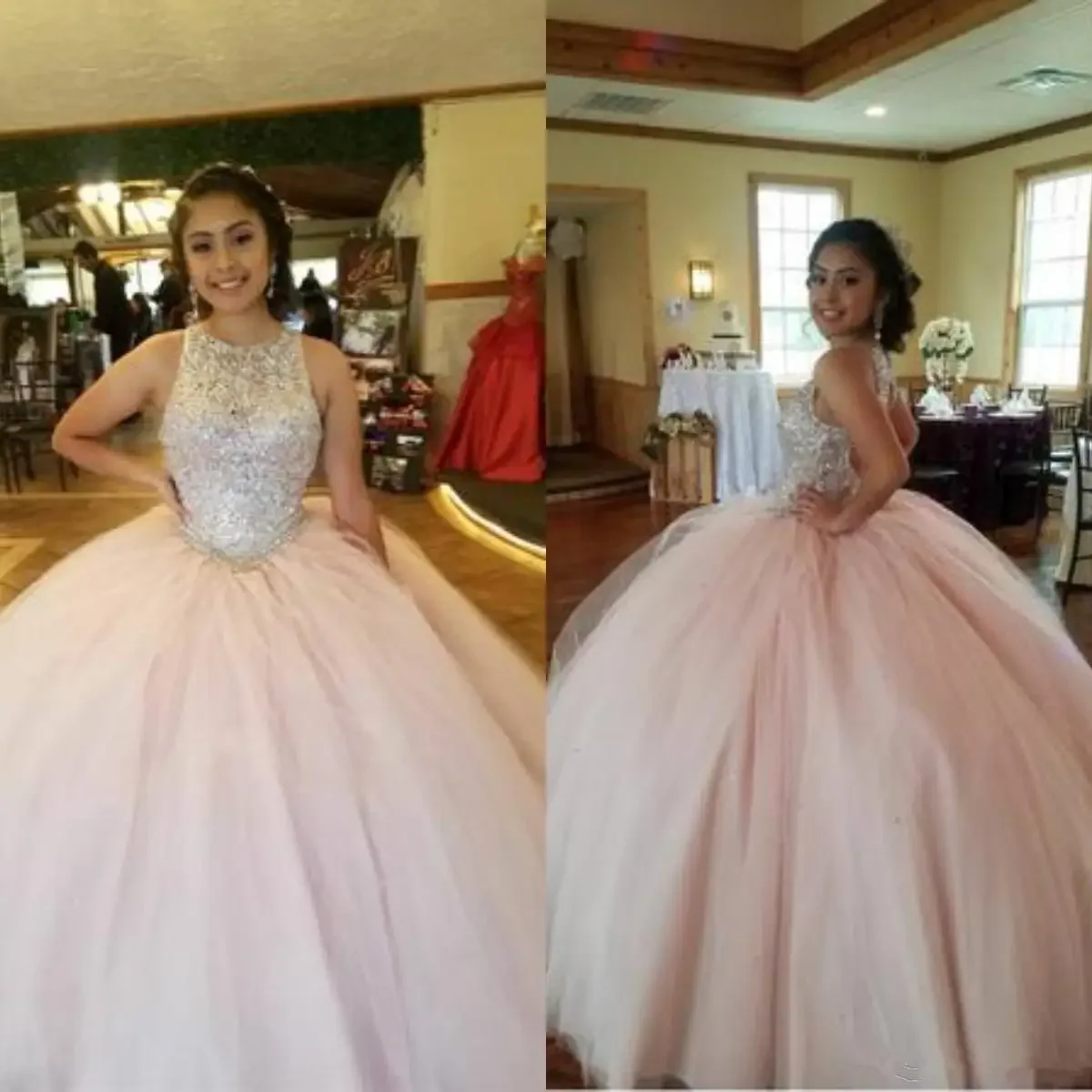 

Scoops Neck Ball Gown Quinceanera Dresses Vestidos De 15 Anos Fashion Bling Bling Bodice Cinderella Party Gowns