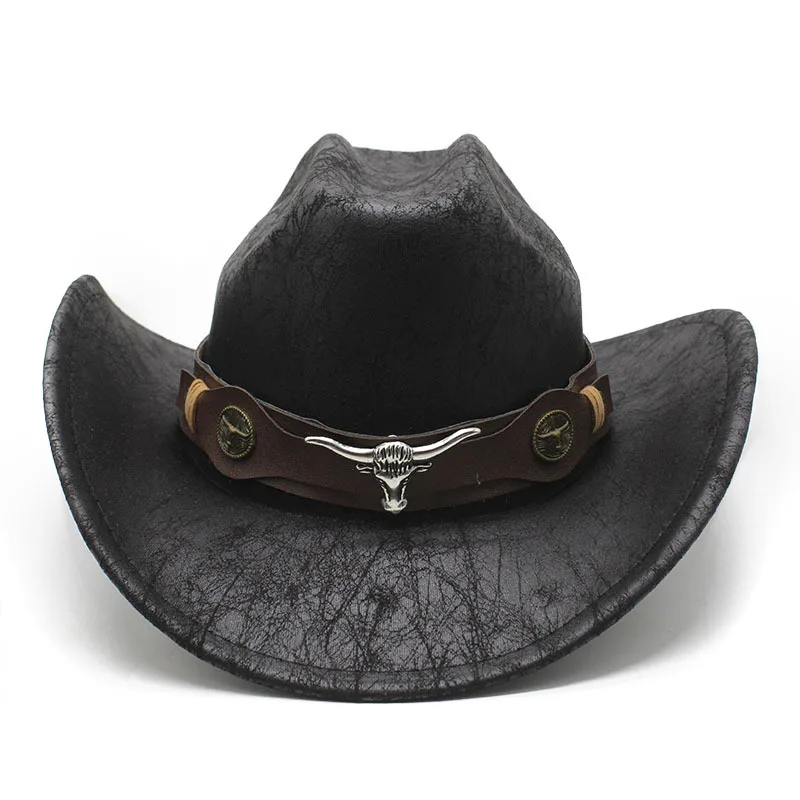 Faux Leather Western Cowboy Hats For Men Women Cow Head Decorate Vintage Rider Panama Cowgirl Jazz Cap Sombrero Hombre
Faux Leather Western Cowboy Hats For Men Women Cow Head Decorate Vintage Rider Panama Cowgirl Jazz Cap Sombrero Hombre