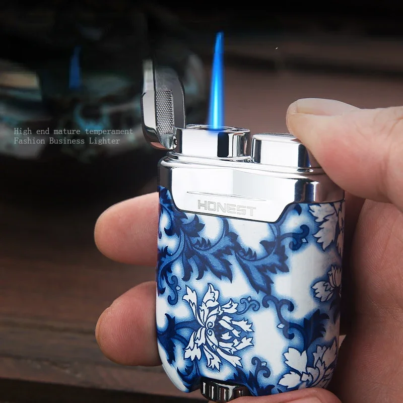 

HONEST Windproof Inflatable Metal Cigar Lighter Direct Blue Flame Cigarette Lighter High-end Men's Gift Box