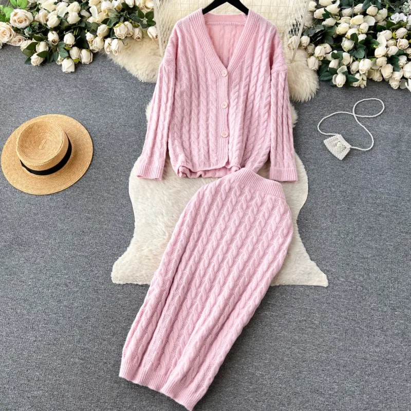 

Winter Women Elegant Casual Knitted Skirts Suit Vintage Chic Sweater Cardigans Midi Saya Two Pieces Set Female Party Outfits