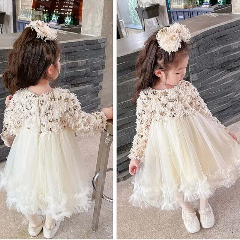 

Winter New Girl's Dresses 2024 With Tassels Sequins Studded Beads Plush And Thickened Princess Dress Birthday Dress With Bow