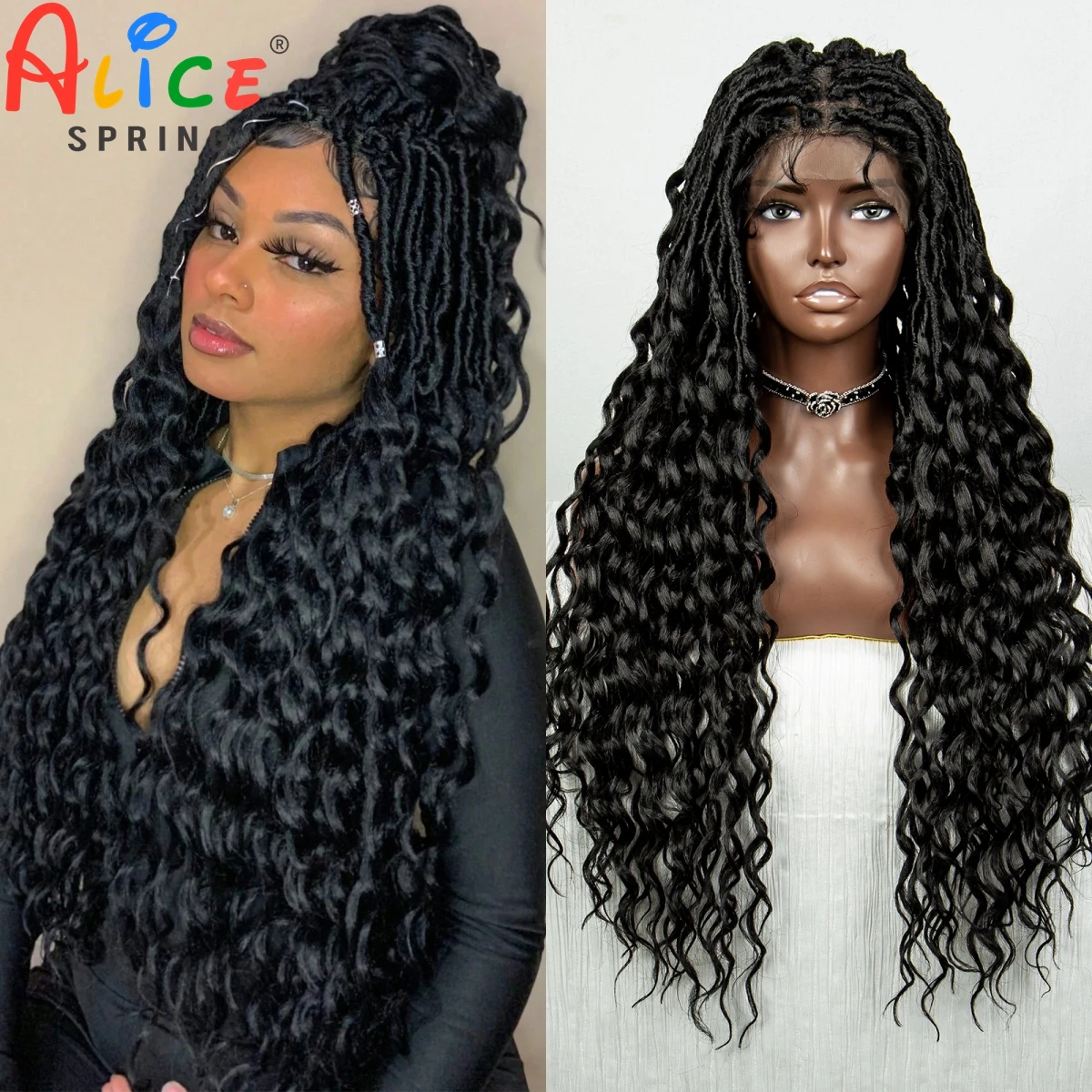 

Full Lace Braided Wig Goddess Faux Locs Braids Wigs with Curly Ends for Black Women Knotless Dreadlock Synthetic Lace Twist Wigs